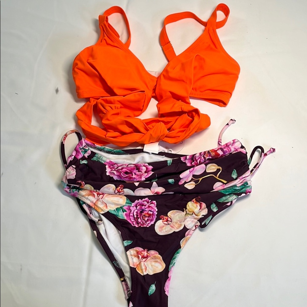 Seaselfie Orange Bikini Top with Floral Bottoms